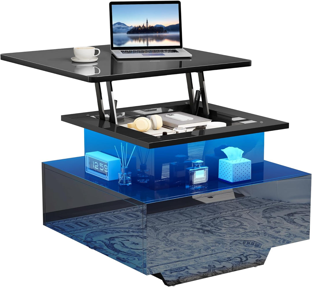 YITAHOME Couchtisch Höhenverstellbar mit LED Beleuchtung Modern, 60x60x45cm, Wohnzimmertisch Hochgla