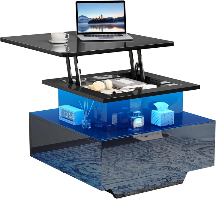 YITAHOME Couchtisch Höhenverstellbar mit LED Beleuchtung Modern, 60x60x45cm, Wohnzimmertisch Hochgla