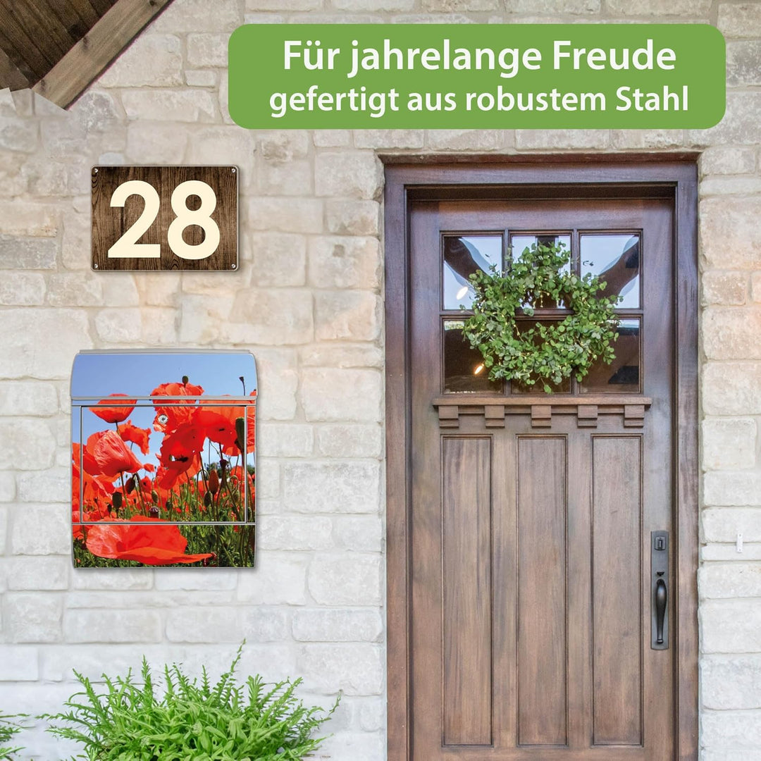 banjado® Design Briefkasten mit Motiv Mohnblumen 39x47x14cm &amp; 2 Schlüssel - Briefkasten Stahl Silber