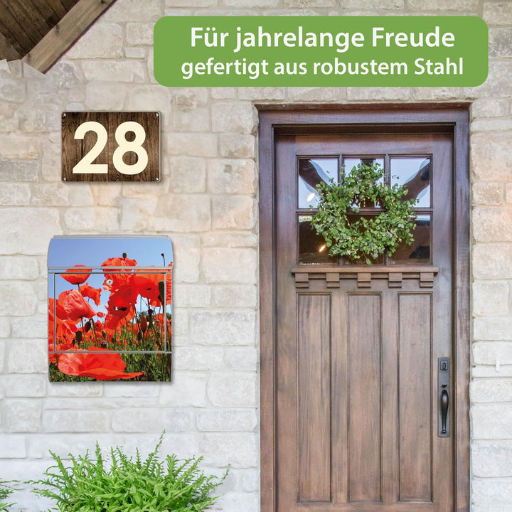 banjado® Design Briefkasten mit Motiv Mohnblumen 39x47x14cm &amp; 2 Schlüssel - Briefkasten Stahl Silber
