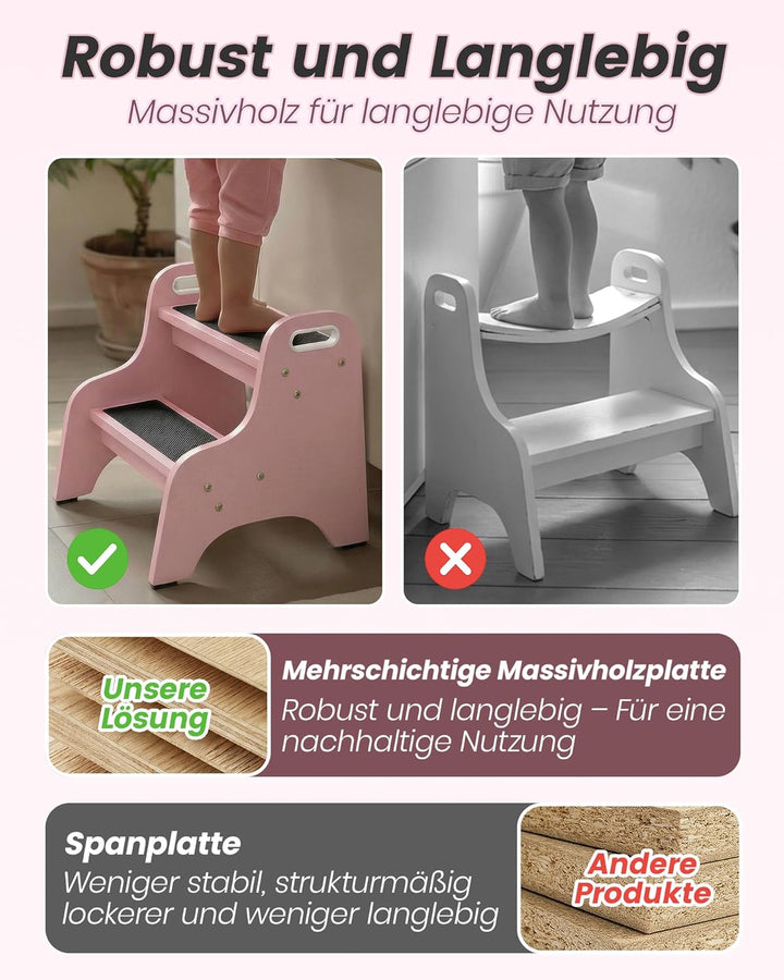 Tritthocker Kinder aus Massivholz – 2 Stufen & rutschfest – Für Bad & Küche – Skandinavisches Design