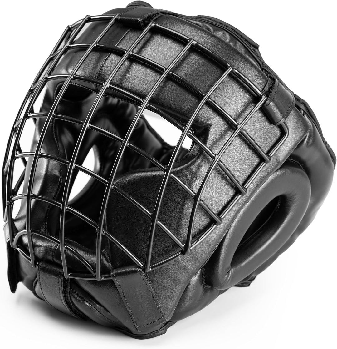 Evolution Trainingsboxhelm aus Kunstleder mit Metallgitter, Kopfschutz Boxen für Kickboxen, Kampfspo