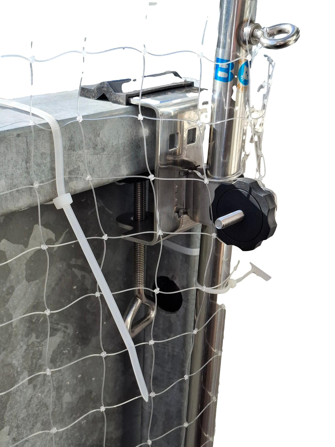 Edelstahl Balkon Katzen Netzhalter für Runde Stäbe bis 38mm Ø, Spreizung bis 50mm, Silber/Schwarz, K