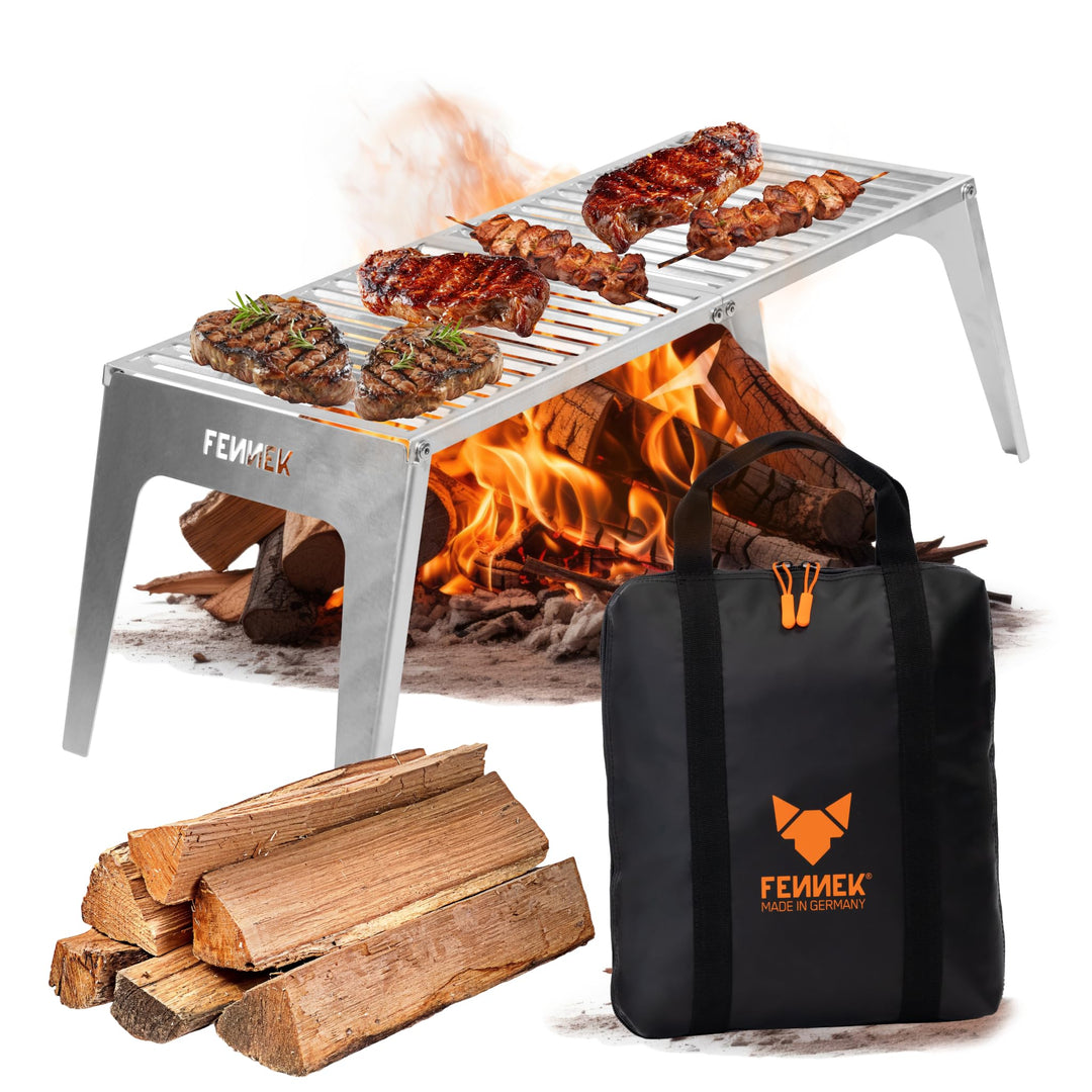 FENNEK Klapprost XL mit Tasche | Mobiler Grillrost zum Aufklappen | Extra stabile Ausführung mit gro