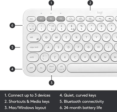 Logitech K380 Kabellose Bluetooth-Tastatur, Multi-Device & Easy-Switch Feature, Windows- und Apple-S