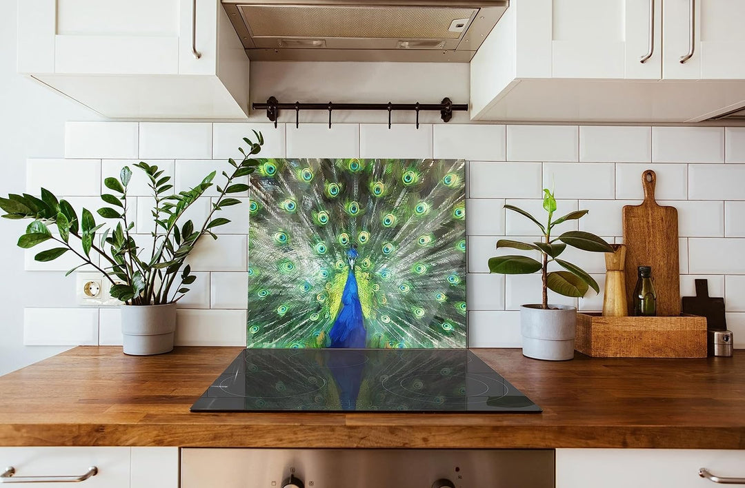 Pfau mit seinem Gefieder Herdabdeckplatte & Spritzschutz aus Echtglas | Für Herd-Kochfelder | 60x52