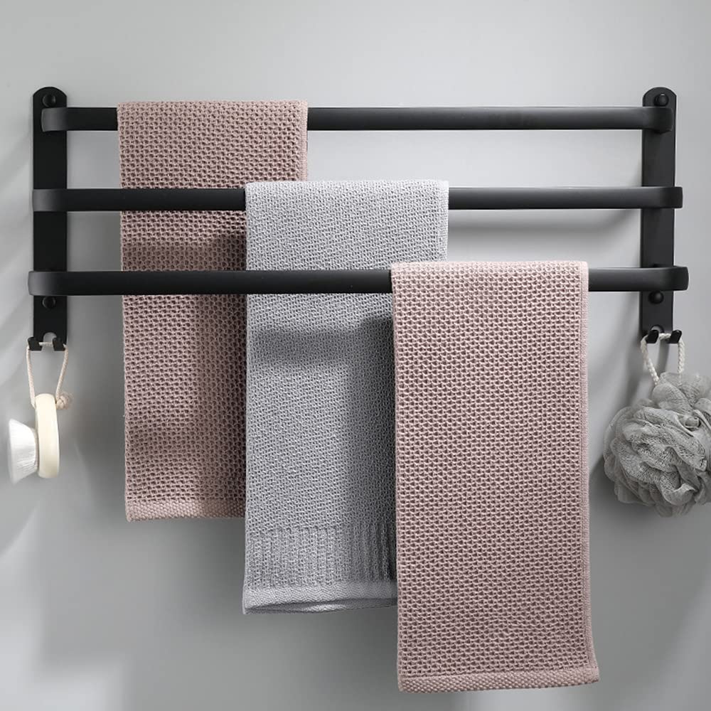 Handtuchhalter, Aluminium Handtuchregal, Wandmontage 3-Stöckig Handtuchstange mit Haken 80CM Schwarz