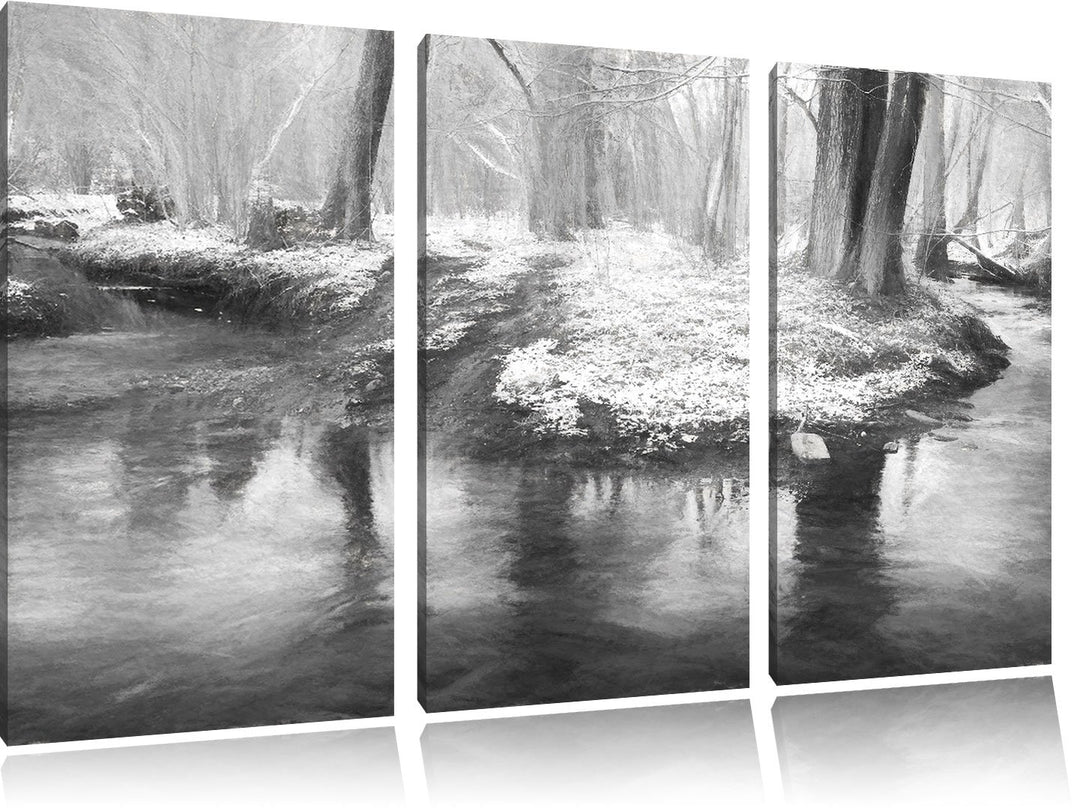 Pixxprint schneebedeckter Waldboden Kunst / 3-Teilig/Gesamtmass 120cm Leinwandbild bespannt auf Holz