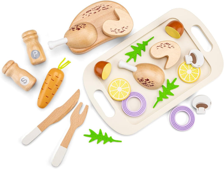 Woet® Holzspielzeug Spiellebensmittel Brathähnchen für Kleinkinder – Lebensmittel Spielzeug mit Schn