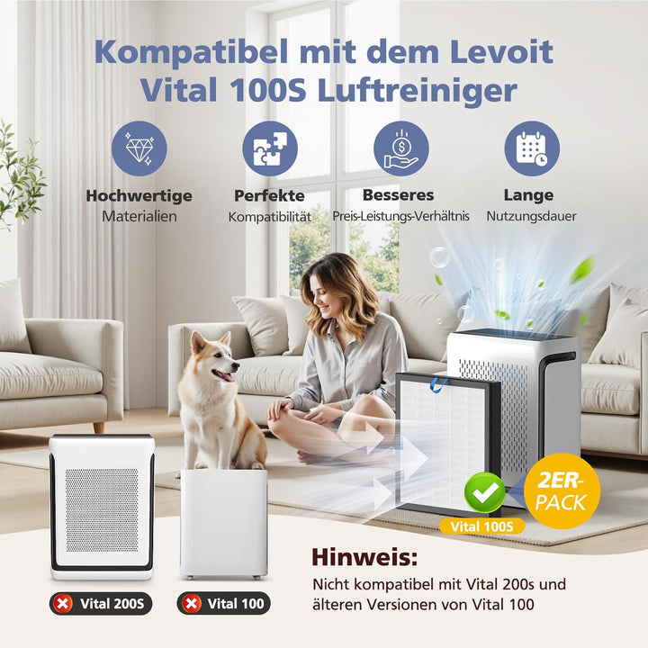 Vital 100S Ersatzfilter für LEVOIT Luftreiniger, 2 Pack H13 HEPA Filter und Aktivkohlefilter Kompati