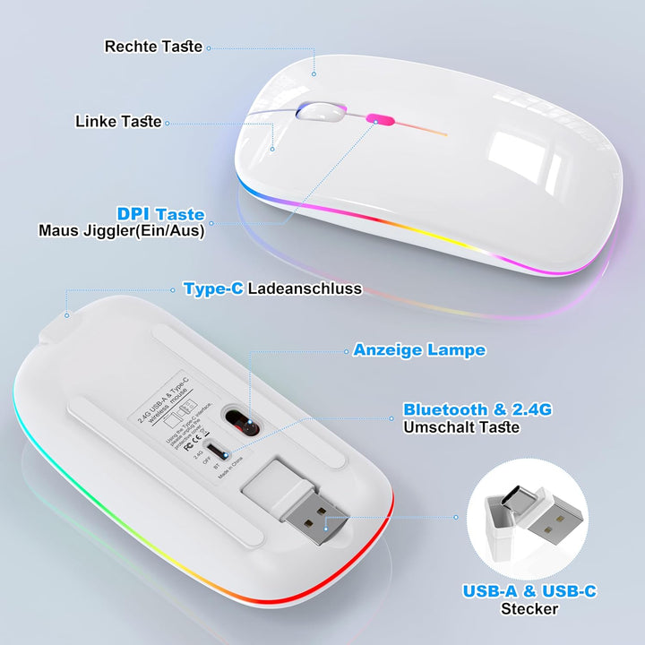 Azmall Kabellose Maus mit Jiggler-Modus – Bluetooth 5.2 & 2.4G Funk, für Laptop, PC, iOS, Android, i