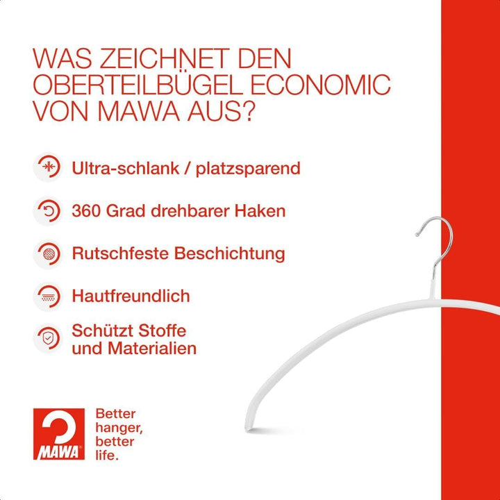 MAWA Kleiderbügel, Set mit 50 hochwertigen, platzsparenden, rutschfesten Kleiderbügeln, ideal für T-