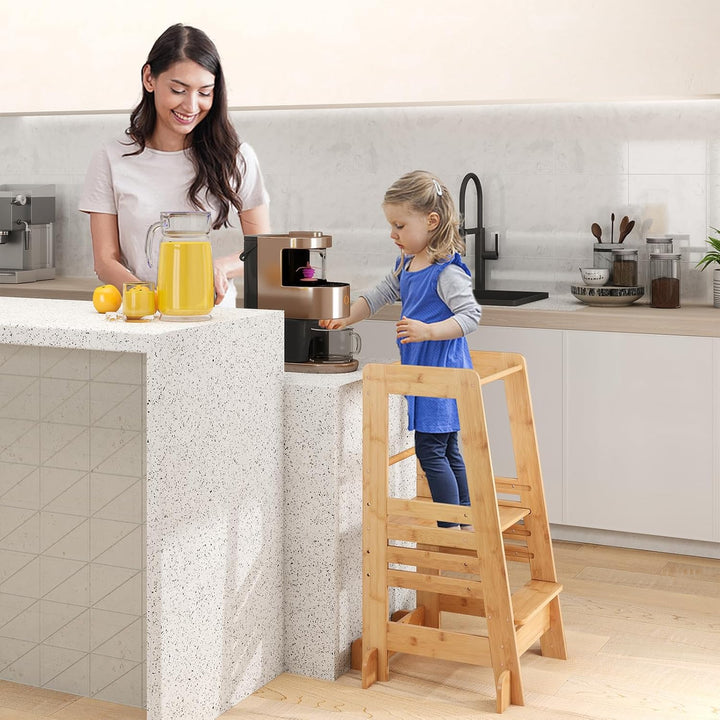 DREAMADE Lernturm für Kleinkinder, Lernstuhl aus Bambus mit 4-stufig höhenverstellbar, Tritthocker m