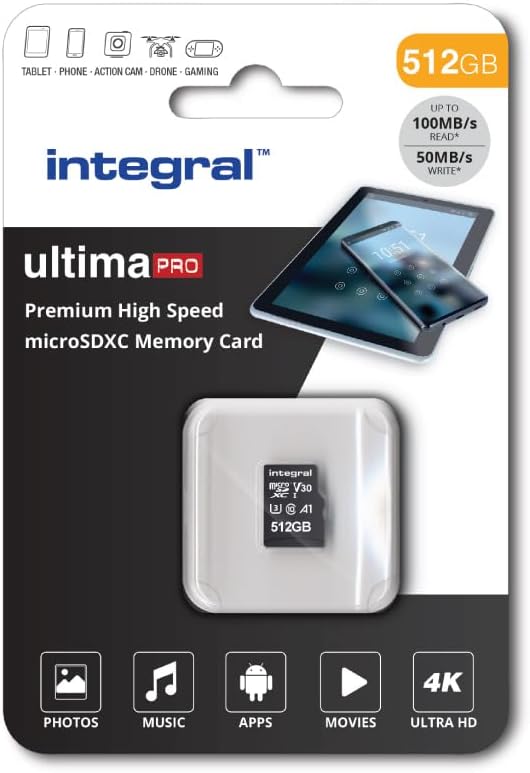 Integral 512GB Micro SD Karte 4K Video Premium High Speed Speicherkarte SDXC bis zu 100MB/s Lesegesc