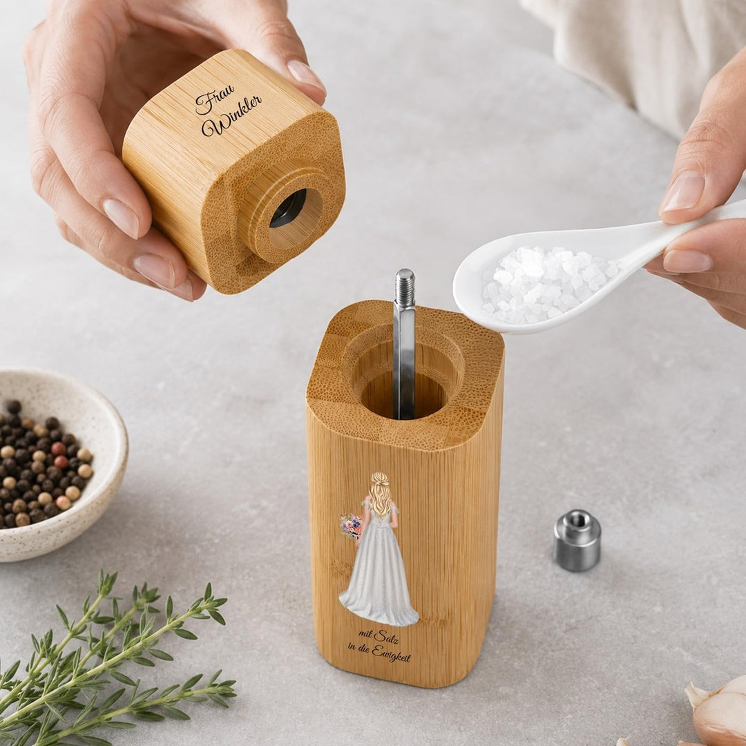 Maverton Bambus Salz und Pfeffermühle mit Aufdruck - Hochzeitsgeschenke für Brautpaar - personalisie