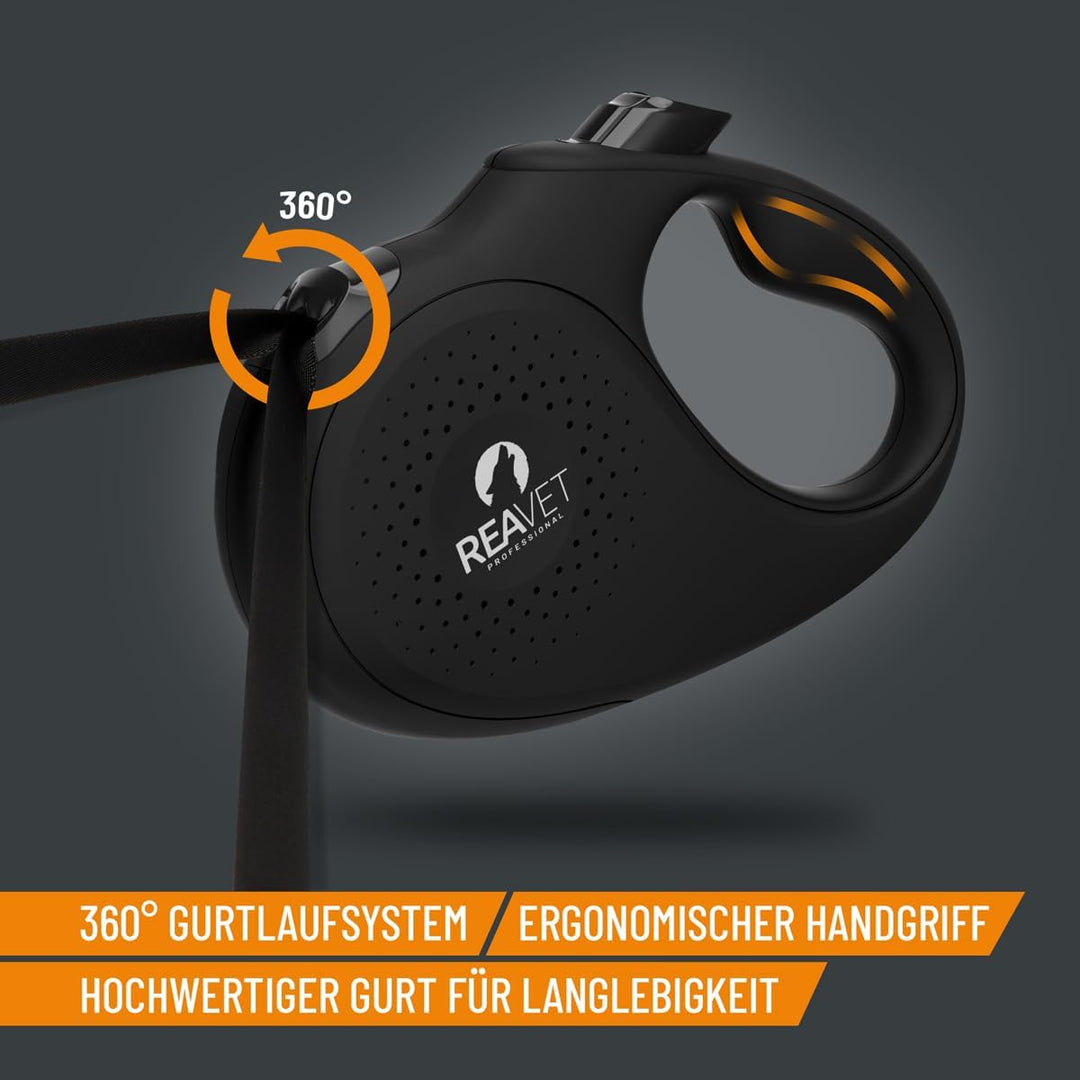 ReaVET Rollleine Hundeleine ausziehbar 5m für mittelgrosse Hunde (M) I Ergonomischer & Rutschfester