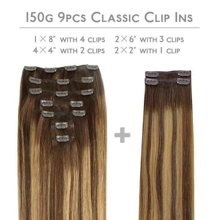 WENNALIFE Clip In Extensions Echthaar, 150g 45cm 9pcs Balayage Schokoladenbraun bis Karamellblond Cl