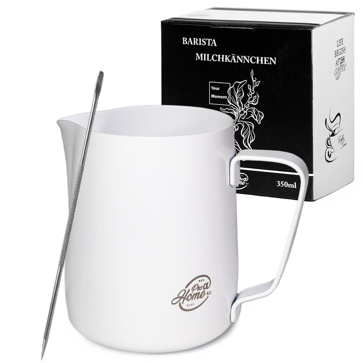 Barista Edelstahl Milchkännchen weiss 350ml (auch 600ml) inkl. Latte Art Stift/Milchschaumkännchen i