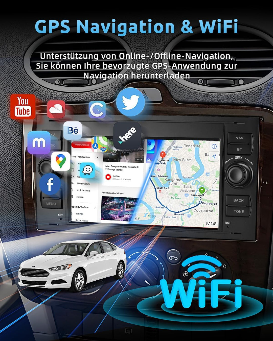ESSGOO 2+64G Wireless Autoradio Android 14 Car Radio mit Carplay und Android Auto Für Ford Fiesta Ga