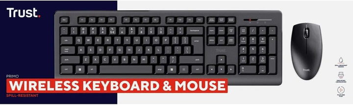 Trust Primo Kabellose Tastatur und Maus, Schwarz, Monochrom, Englisch, US, QWERTY US