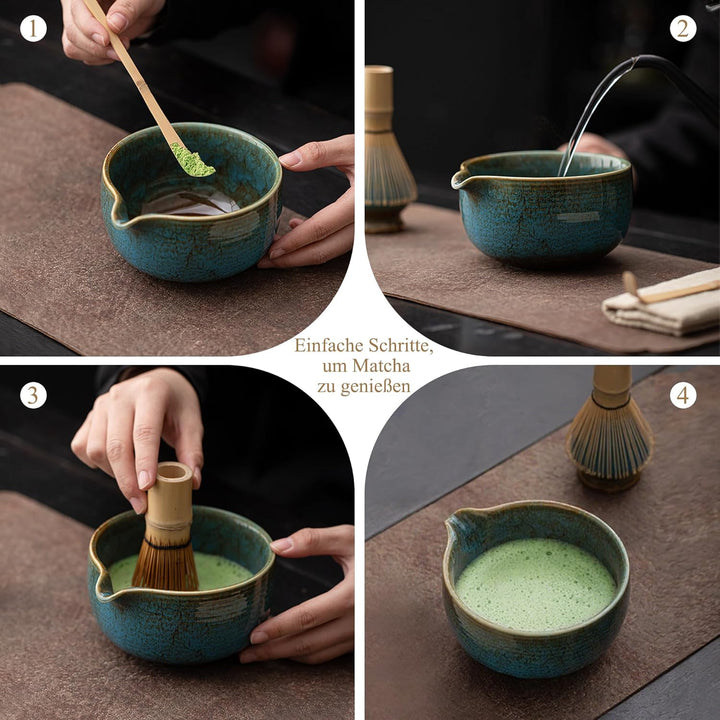 Matcha Set Blau 2-teilig, Matcha Tee Set Blau mit Chawan Matcha-Schale (510 ml) & Keramik-Besenhalte