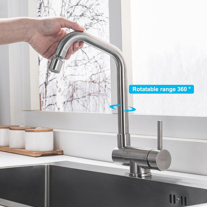 ONECE Vorfenster Küchenarmatur mit 2 Strahlarten, Wasserhahn Küche Klappbar mit 360° drehbar, Edelst