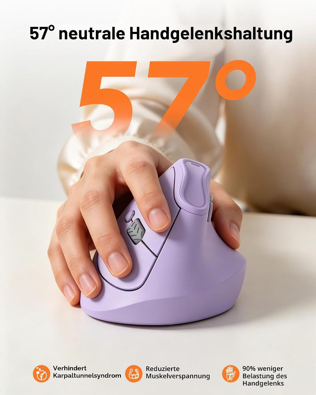 KYSONA Vertikale Ergonomische Maus 57°, Kabellos Bluetooth & 2,4 GHz, 5 DPI-Stufen, Leise Klicks, Ha