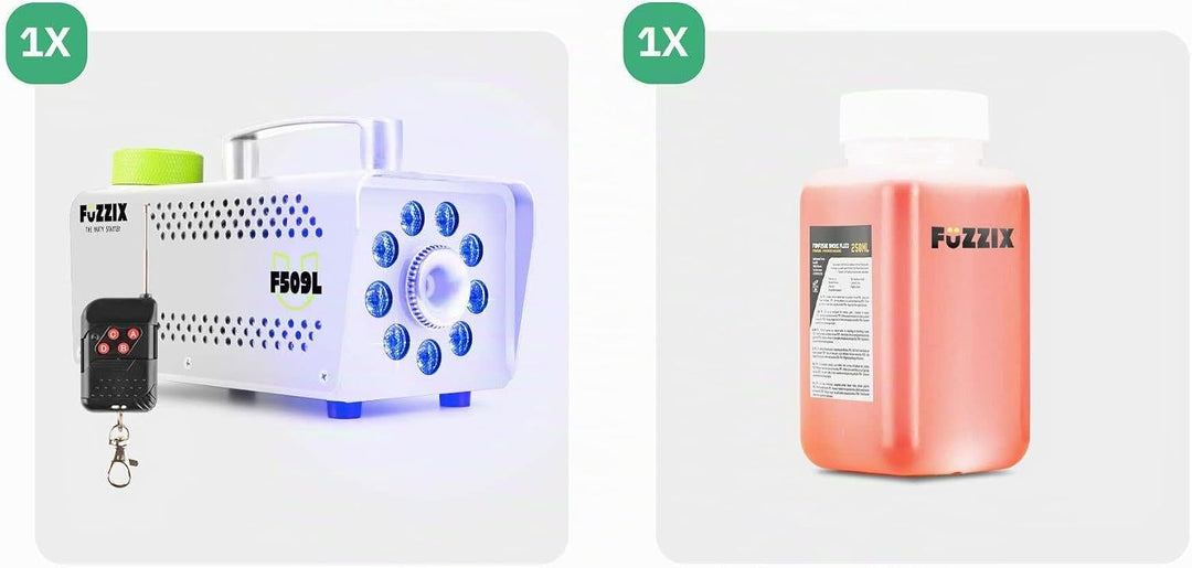 Fuzzix F509LW Nebelmaschine Mini mit LED Lichteffekt und 250ml Nebelfluid, 500 Watt mit Fernbedienun