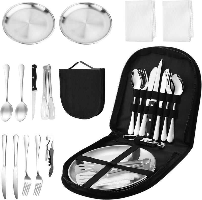 Camping Geschirr Set 2 Personen 14-teilig, Picknick Set, Edelstahl Outdoor Geschirr für Outdoor, Cam