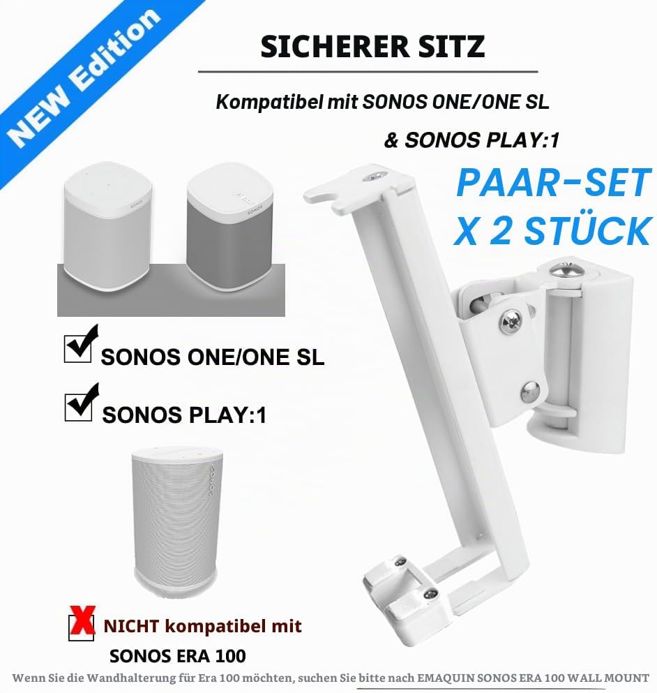 EMAQUIN Wandhalterung Paar(2 Stück) für SONOS One/SONOS One SL/SONOS Play 1 Speaker(Drehbar und neig