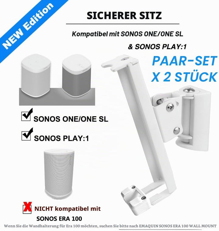 EMAQUIN Wandhalterung Paar(2 Stück) für SONOS One/SONOS One SL/SONOS Play 1 Speaker(Drehbar und neig