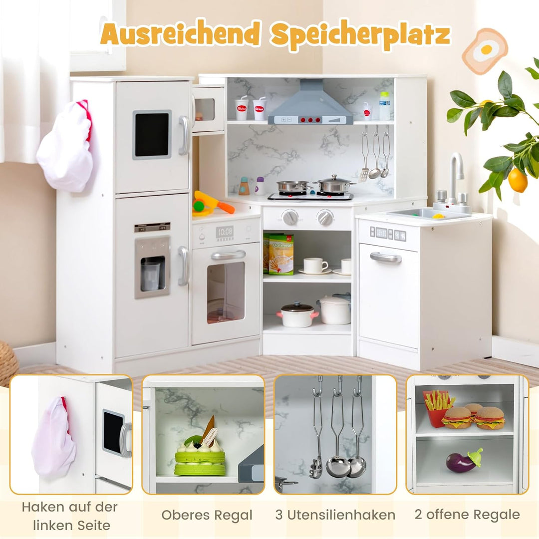 COSTWAY Kinderküche Holz, Spielküche Eck mit Licht und Sound, Holzküche mit Tafel &amp; Spüle &amp; Ofen, in