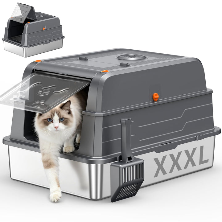 XXXL Edelstahl Katzentoilette mit Deckel – extra grosse geschlossene Katzenklos mit hohen Seitenwänd