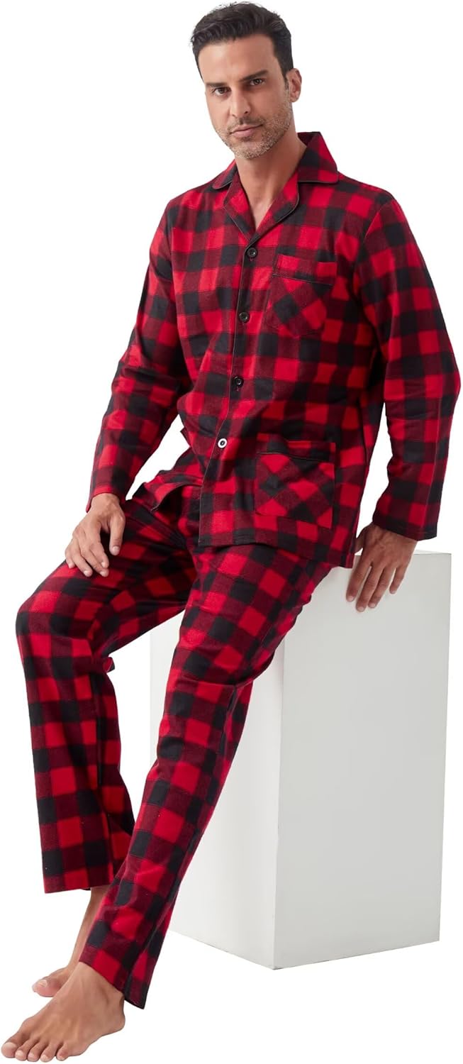 Amaxer 100% Baumwolle Herren Flanell Pyjamas Set Herren Pyjamas Home Fashion Pyjamas Langarm Hosen S