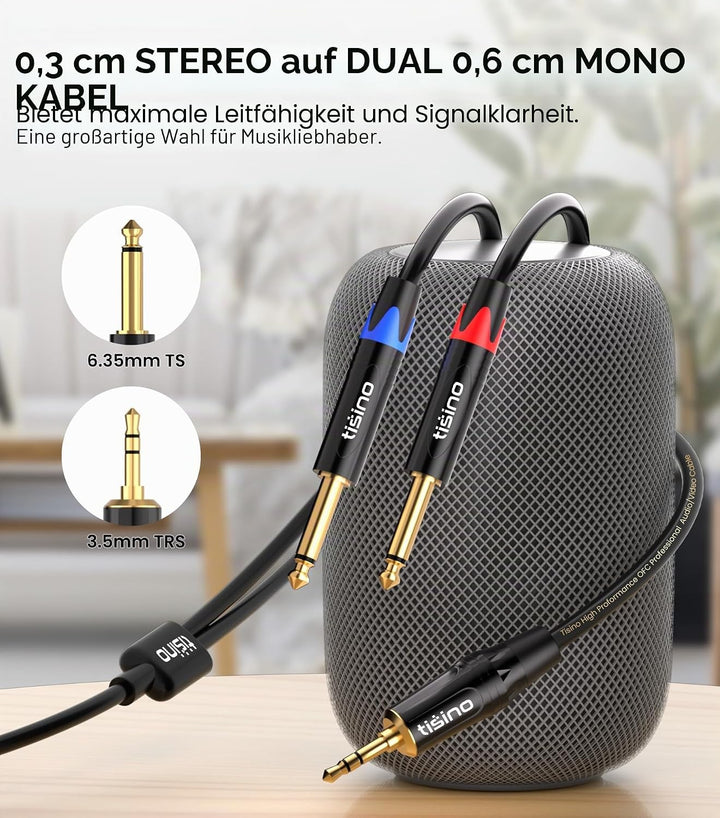 Tisino 3,5 mm auf 6,35 mm Stereo-Kabel, Mini-Klinkenstecker TRS Stereo auf Dual 6,35 mm TS Mono Y-Sp