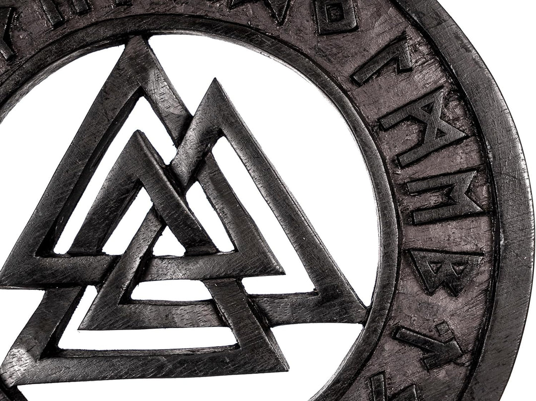 Windalf Schwarzes Vikings Holzbild VALKNUT Ø 23 cm Wotansknoten mit Runen Wikinger Wanddeko Wandreli