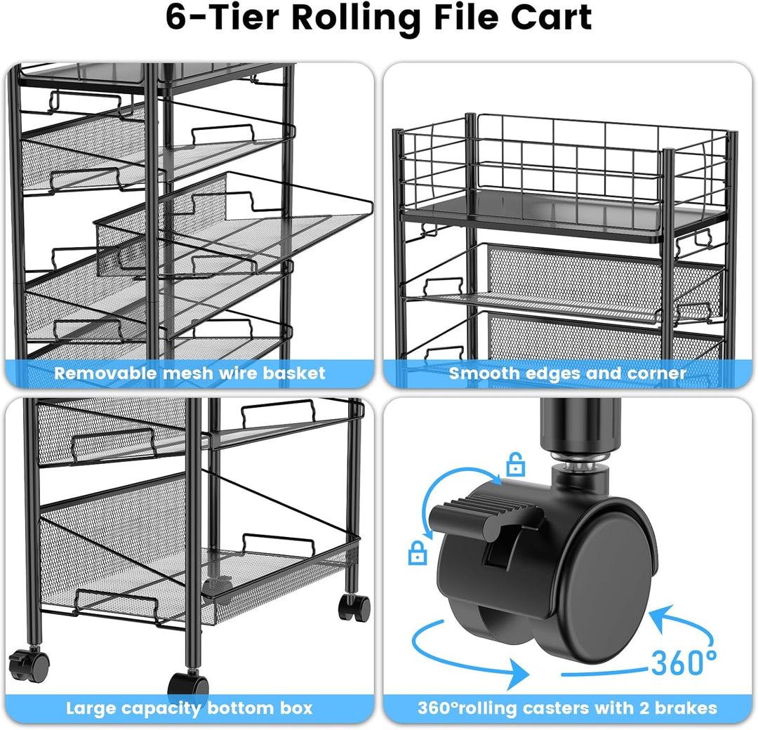Rollbarer Aktenwagen mit Rädern, 6-stufiger Roll-Aktenwagen aus Metall für neben dem Schreibtisch, m