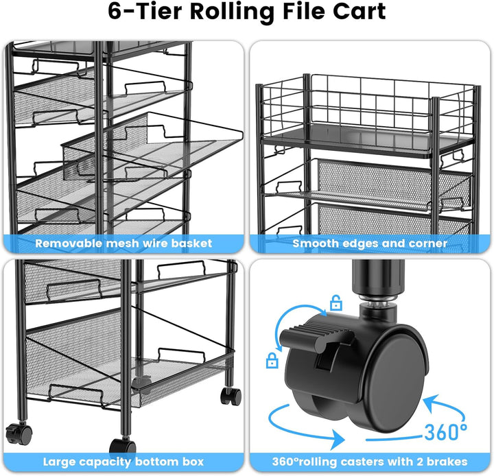 Rollbarer Aktenwagen mit Rädern, 6-stufiger Roll-Aktenwagen aus Metall für neben dem Schreibtisch, m
