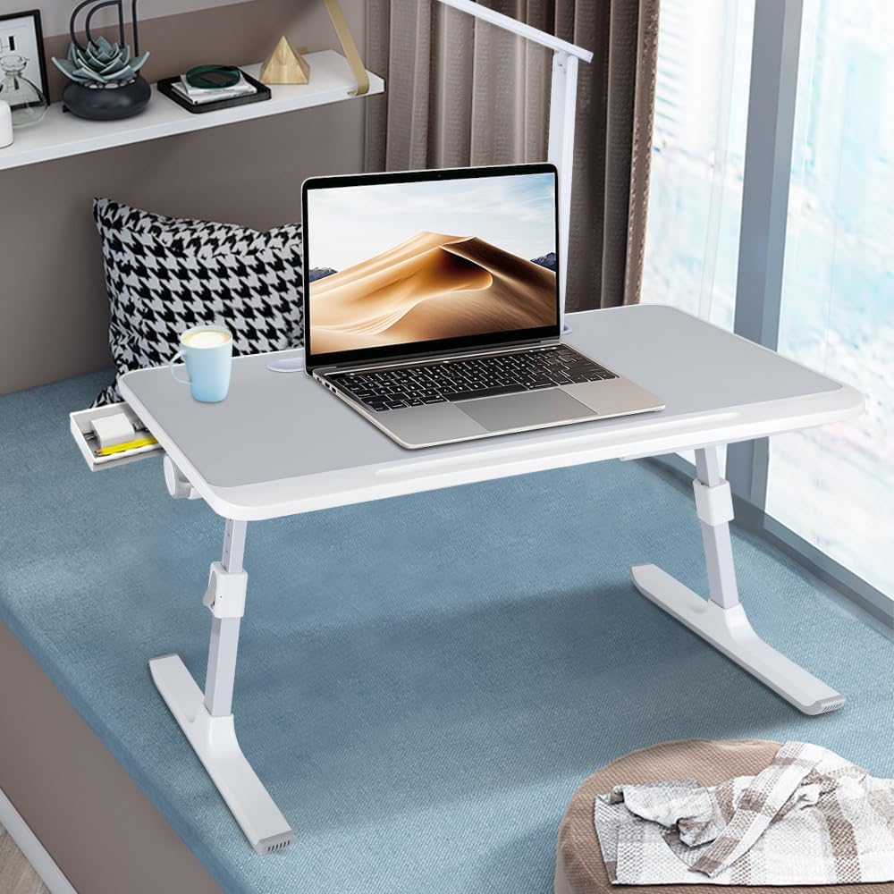 Betttisch Klappbar, Laptoptisch, Einstellbare Höhe, mit Buchständer, Schublade, Lap Stopper, Tablet