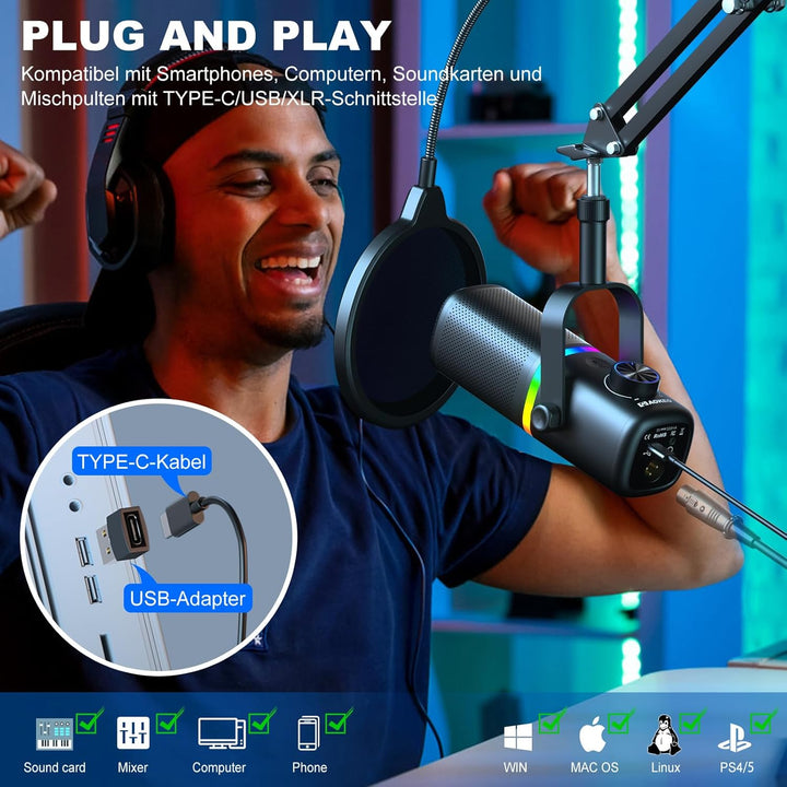 aokeo Mikrofon PC mit Mikrofonarm,AK-10 USB/XLR Dynamisches Gaming Mikrofon für Podcast,Streaming mi