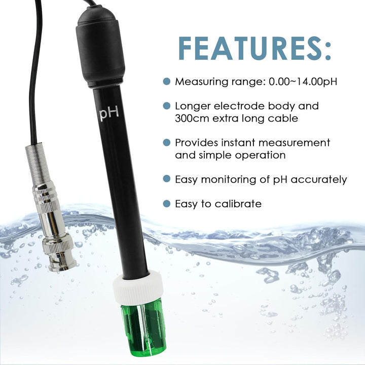 TEKCOPLUS Wasserqualität pH-Elektrode mit 300cm 3000mm 118 Zoll BNC Kabel und Lösungen für Wasser, H