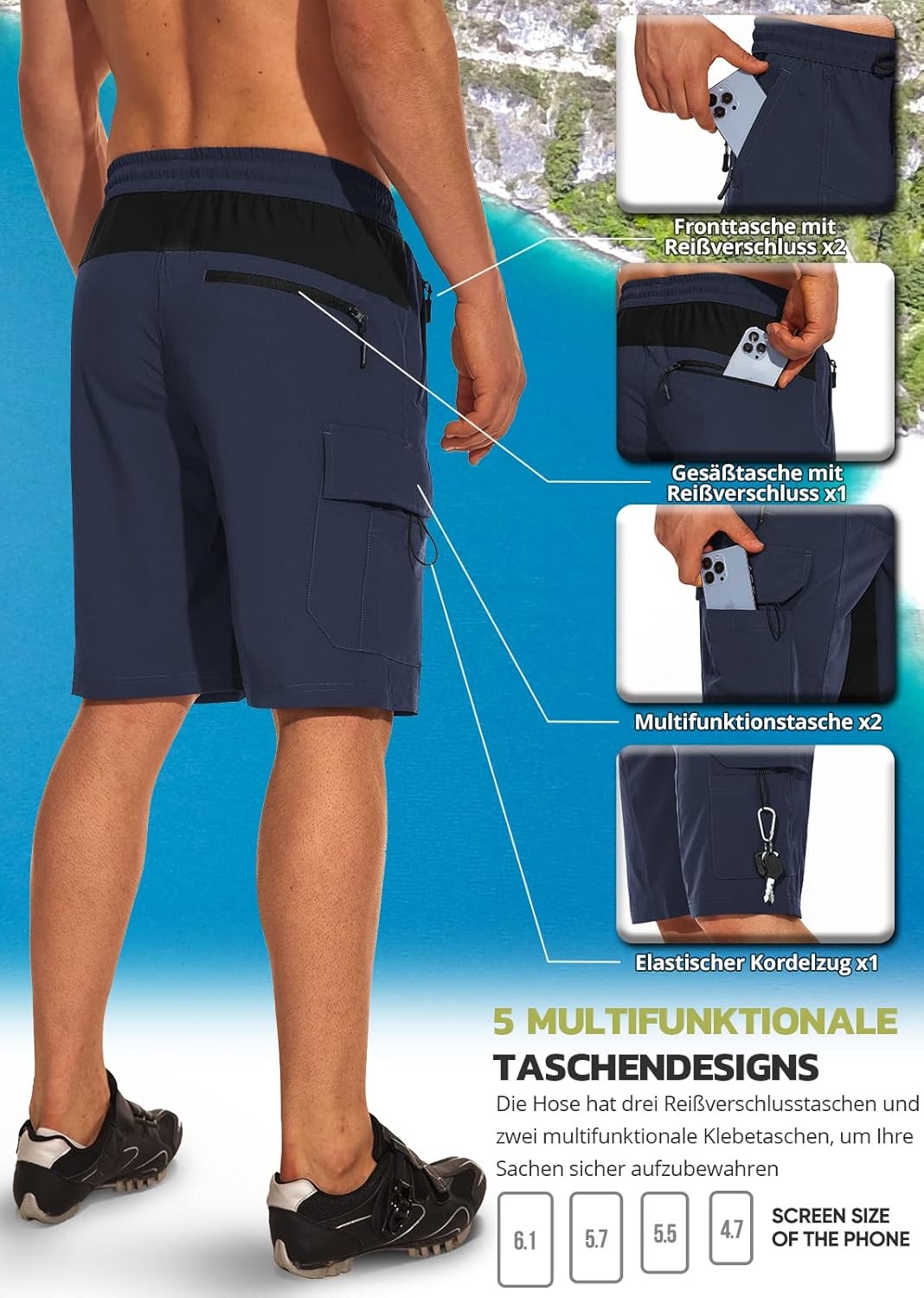 Hiauspor Cargo Shorts Herren Sommer：Wander Leicht Schnelltrocknend Stretch Bund Bermuda mit 5 Tasche