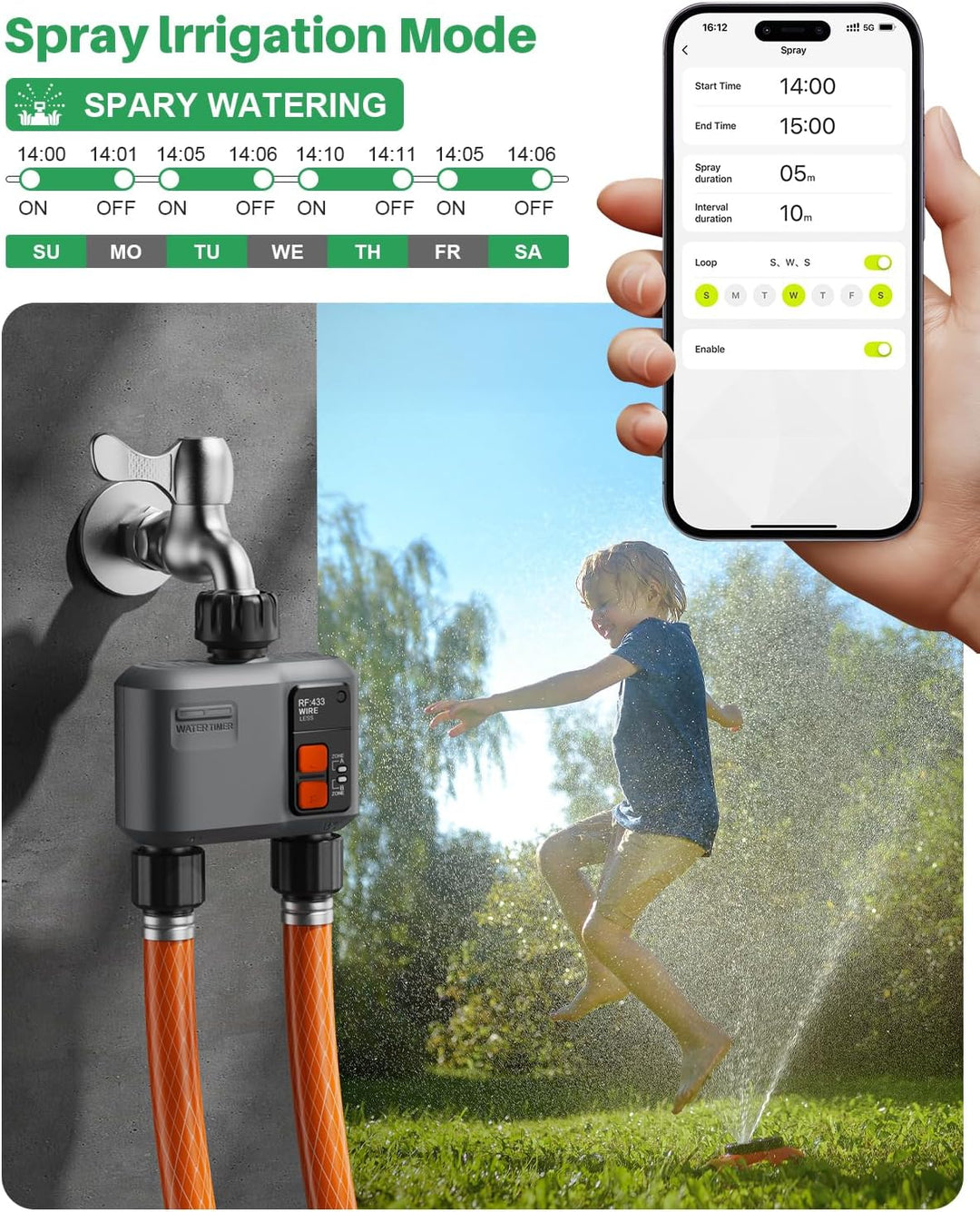 Bewässerungscomputer WLAN 2 Ausgänge mit 300M RF-Technologie, Bewässerungsuhr für Gartenbewässerung
