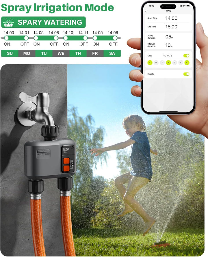 Bewässerungscomputer WLAN 2 Ausgänge mit 300M RF-Technologie, Bewässerungsuhr für Gartenbewässerung