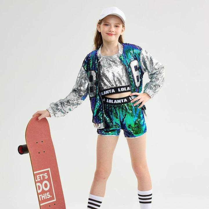 LOLANTA 4 Stück Mädchen Hip Hop Tanz Kostüm Kinder Pailletten Jazz Tanz Kleidung Set Socken angebrac
