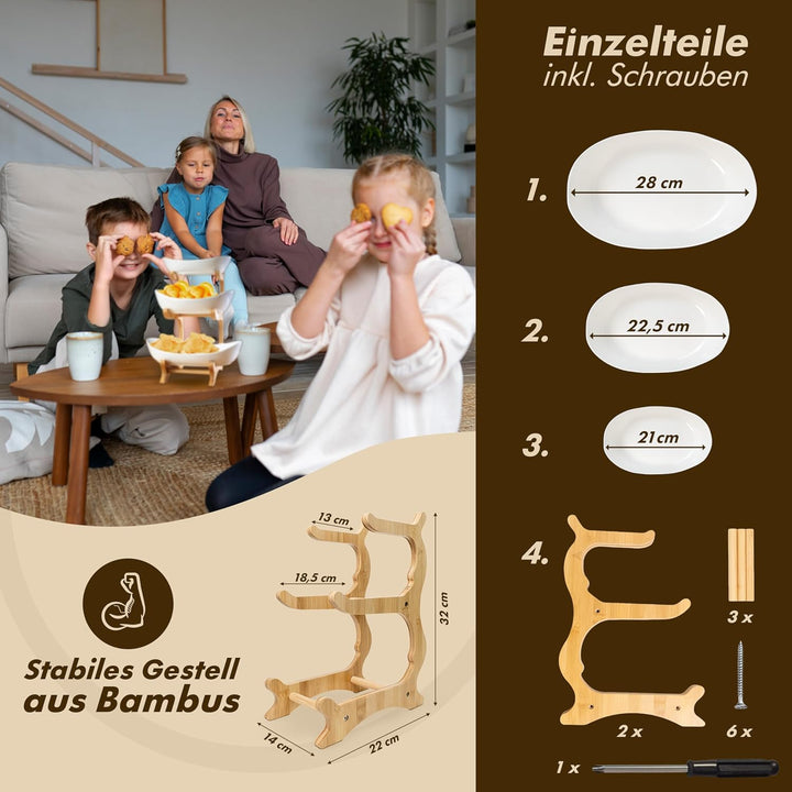 Obst Etagere 3 stöckig WEISS KERAMIK mit Bambusständer, Servierständer für Obst Snacks Gebäck, elega