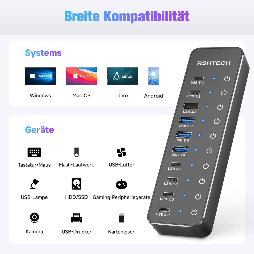 RSHTECH 10 Port USB C Hub mit Netzteil - Mit 3 USB 3.2 (2 Type C und 1 Type A) und 7 USB 3.0(4 Type-
