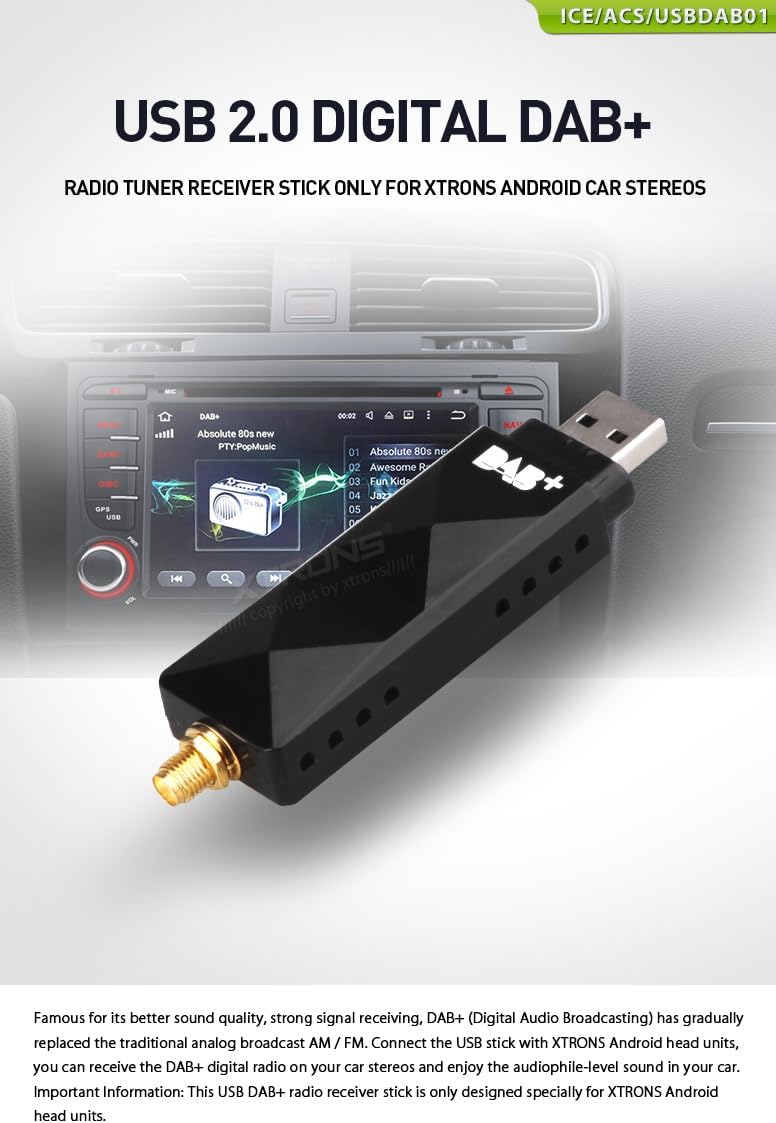 XTRONS DAB+ USB 2.0 Digital DAB+ Radio Tuner Receiver Stick NUR für die XTRONS Android Auto-Stereoan