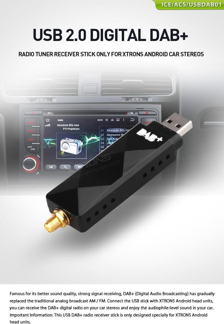 XTRONS DAB+ USB 2.0 Digital DAB+ Radio Tuner Receiver Stick NUR für die XTRONS Android Auto-Stereoan