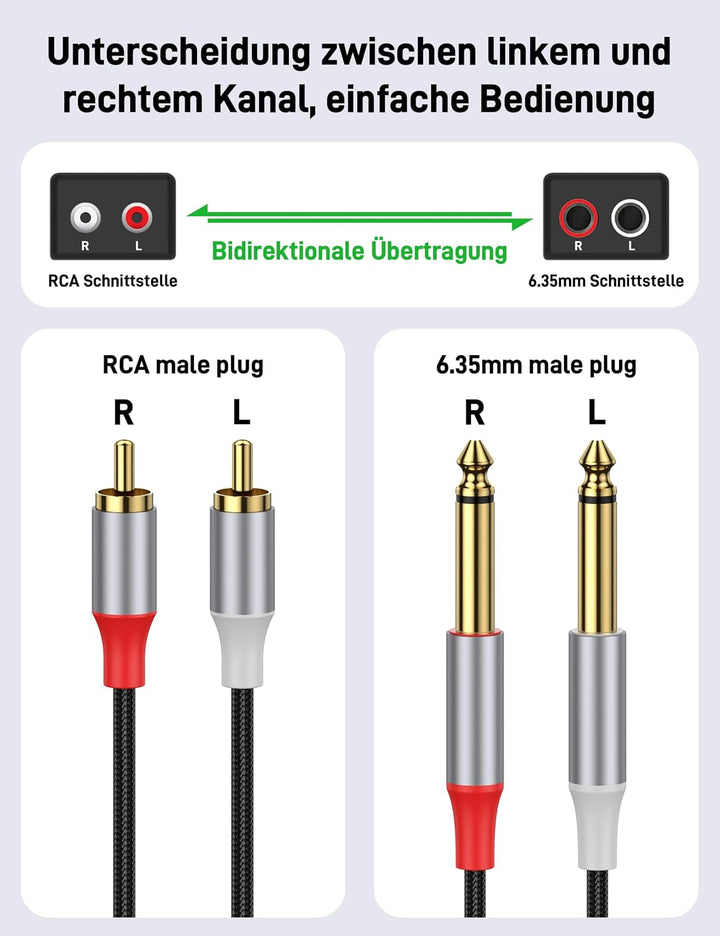 RCA zu 6,35mm Kabel, 5 m, robustes 6,35mm Stecker zu RCA Stecker Adapter Stereo Audio-Verbindungskab